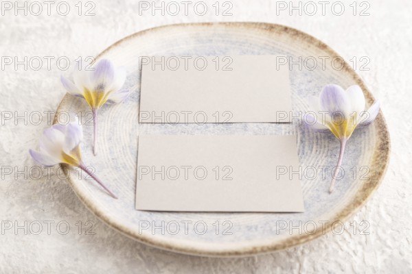 Gray paper invitation card, mockup with crocus flowers on ceramic plate and gray concrete