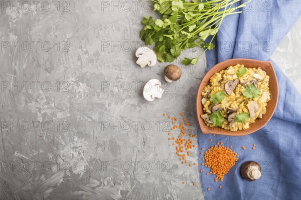 Lentils porridge with champignons and coriander in a clay bowl on a gray concrete background and