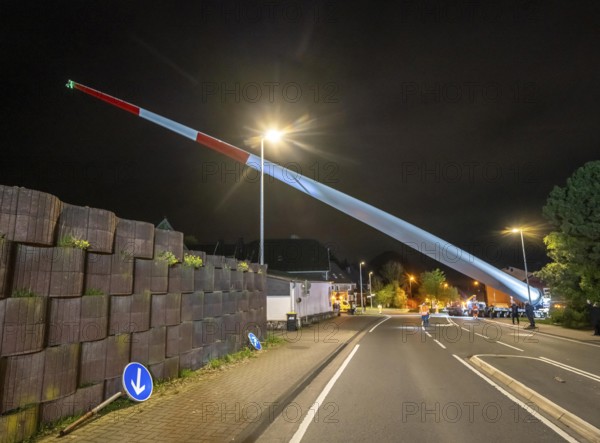 Transport of a 68 metre long, 22 tonne blade of a wind turbine, here in Schwelm, with a
