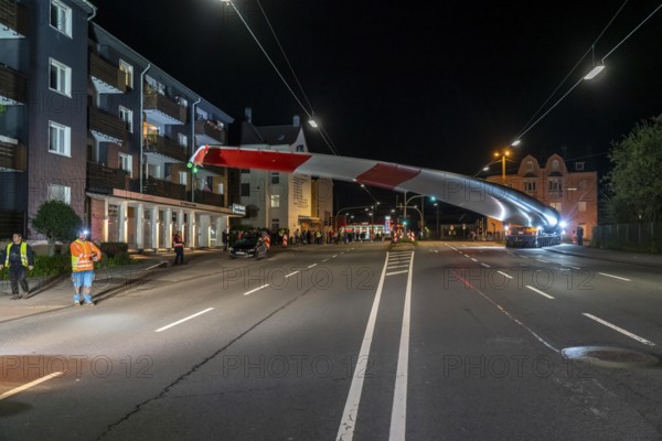 Transport of a 68 metre long, 22 tonne blade of a wind turbine, here in Schwelm, with a