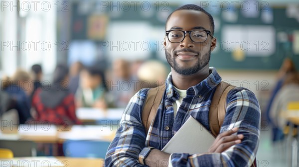 Proud african american male teacher standing in his classroom. generative AI, AI generated