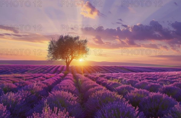 Scenic sunset field of lavender in France. Sunset sky is filled with clouds, AI generated