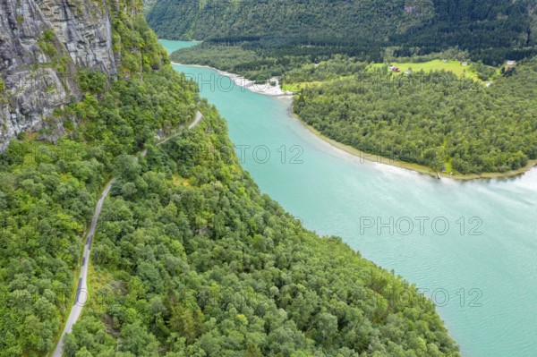 Aerial view of road above lake Lovatnet (or: Loenvatnet), valley Lodalen south of village Loen,