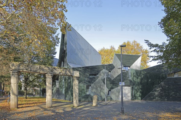 New synagogue built 2010, Magenza, modern building and rest with columns of old destroyed building,