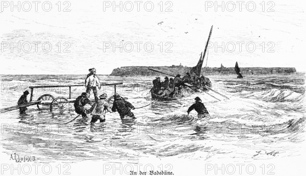 Bathers leaving the dune, offshore island of Heligoland, Schleswig-Holstein, North Sea, trolley,