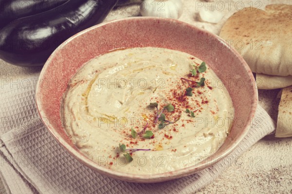 Hummus, chickpeas appetizer, traditional Lebanese cuisine, homemade, no people