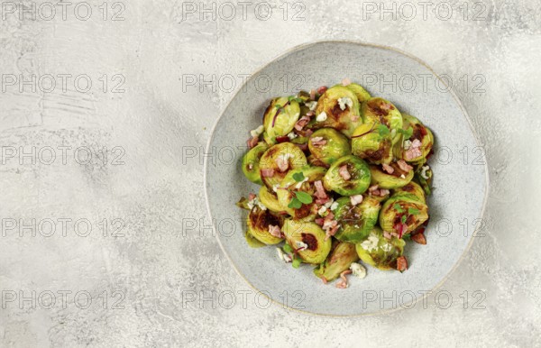 Roasted brussels sprouts, with bacon, vegetarian food, homemade, no people