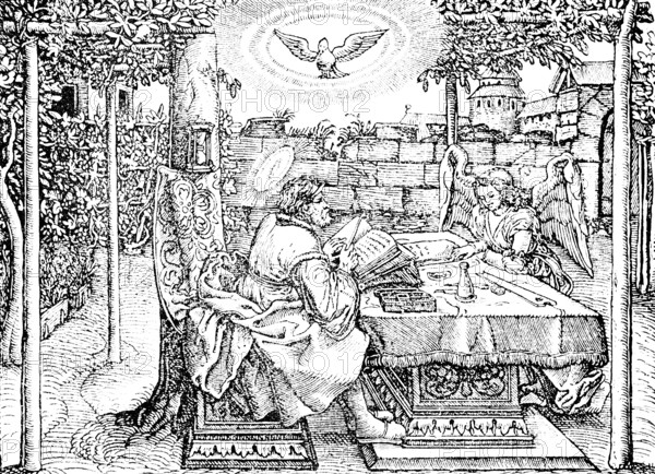 First illustration from Luther's 1534 translation of the New Testament, Evangelist with halo,