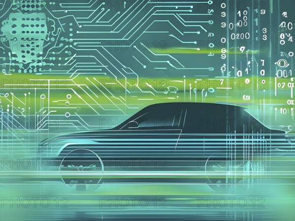 Sport car silhouette with vibrant green dynamic lines showing motion, surrounded by data streams,