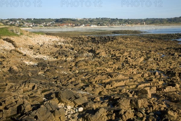 Rocky wave cut platform, Vazon Bay, Guernsey, Channel Islands, Europe