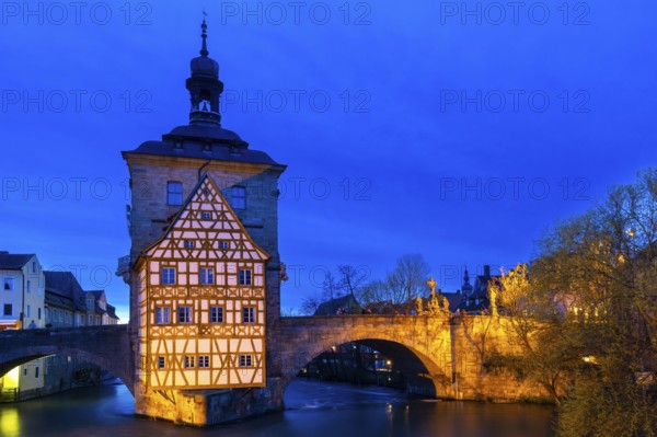 Upper Bridge, Old Town Hall, Regnitz, historic old town, Blue Hour, Bamberg, Lower Franconia,