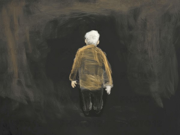 A chalk drawing, illustration of an elderly person looking into the darkness, symbolic image for
