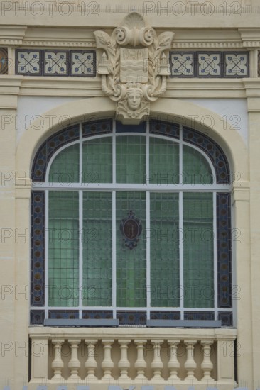 Window with decorations on Villa Caisse d'Epargne, stained glass window, parapet,
