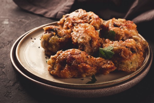 Fried chicken legs, breaded, with spices and herbs, on a dark background, horizontal, no people,
