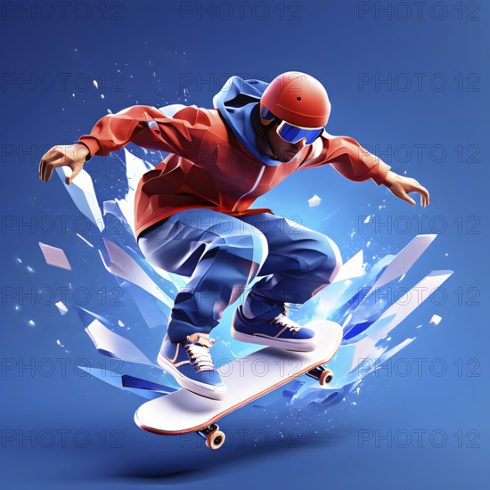 Olympic 2024 skateboarder mid air dynamic jump morphing into fluid abstract shapes, AI generated