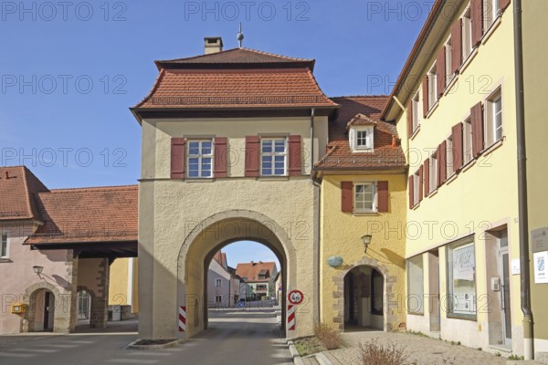 Historic Upper Gate, town gate and building, Feuchtwangen, Middle Franconia, Franconia, Bavaria,