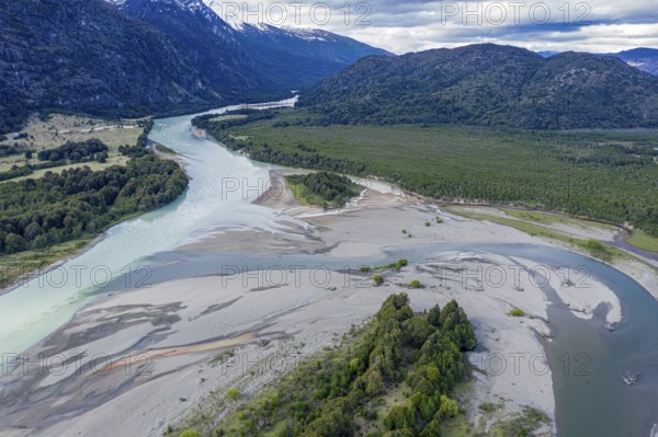 Confluence of river Rio Baker and Rio Nadis south of Cochrane, Patagonia, Chile, South America
