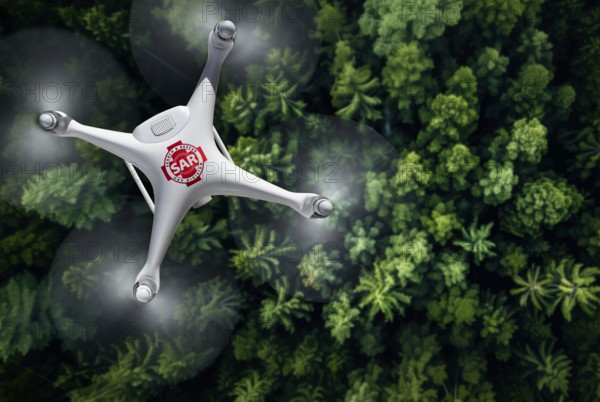 Quadcopter UAV search and rescue SAR drone flying A search above A thick forest, AI generated