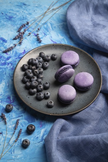 Purple macarons or macaroons cakes with blueberries on ceramic plate on a blue concrete background