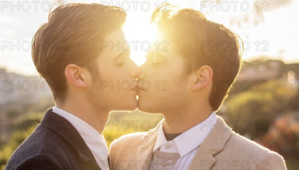 Two men kissing each other in a field. Scene is romantic and intimate. The idea behind the image is