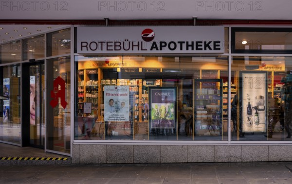 Exterior shot, Rotebühl pharmacy, logo, city centre, city centre, Stuttgart, Baden-Württemberg,