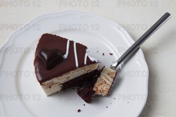 Slice of cake, bird's milk, chocolate sponge cake with souffle, sweet dessert, on a white plate,