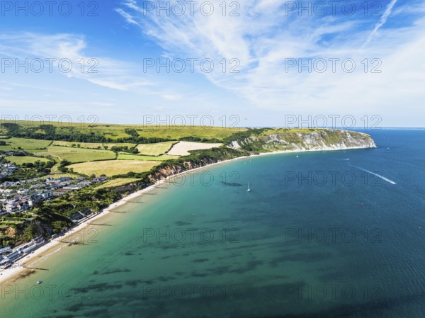 Swanage and Swanage Bay from a drone, Jurassic Coast, Dorset Coast, Poole, England, United Kingdom,