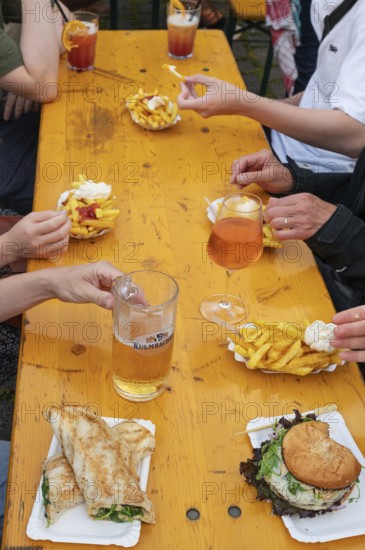 Food and drinks on a beer table at a folk festival, Bavaria, Germany, Europe