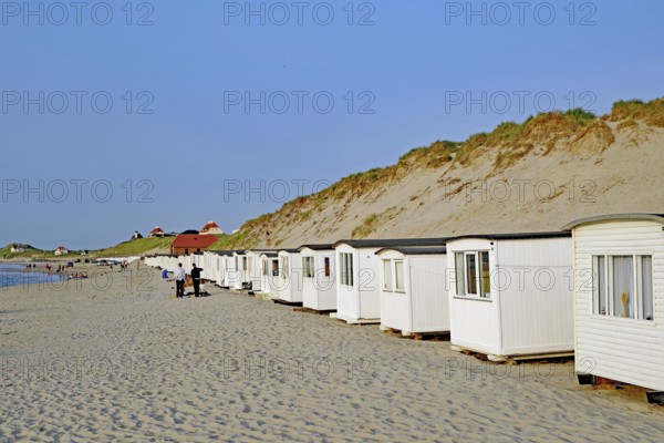 White beach huts along a wide sandy beach with dunes in the background, Lokken, Jutland, Denmark,