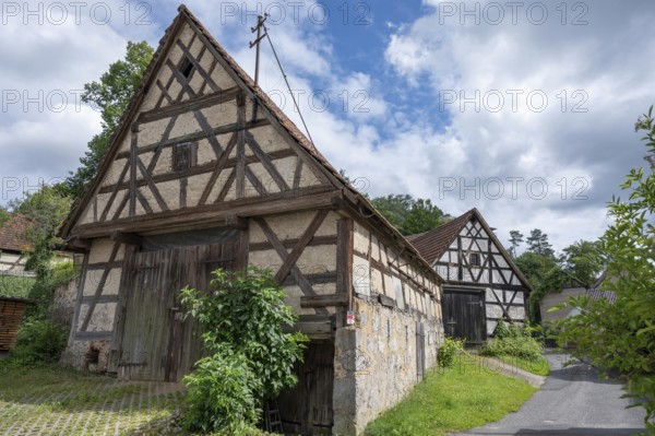 Historic half-timbered barns, Betzenstein, Upper Franconia, Bavaria, Germany, Europe