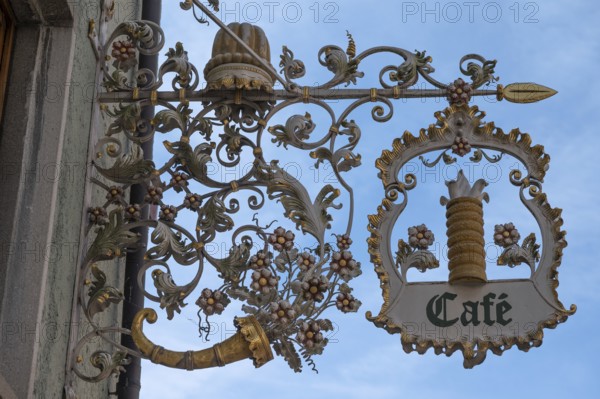 Wrought iron nose plate of a confectionery, Rottweil, Baden-Württemberg, Germany, Europe