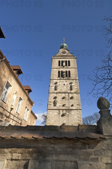 Tower of St Emmeram's Basilica against blue sky, Regenburg, Upper Palatinate, Bavaria, Germany,
