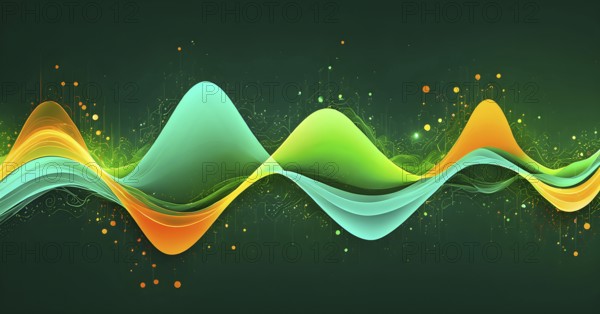 Abstract illustration of digital wave forms and circuits converging to form abstract symbols of