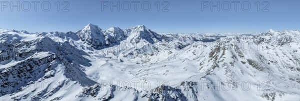 Aerial view, snow-covered mountain landscape, view of Ortler, Monte Zebrù, Königsspitze in the