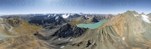 Mountain panorama, aerial view, 4000 metre peak with glacier, mountain pass and mountain lake