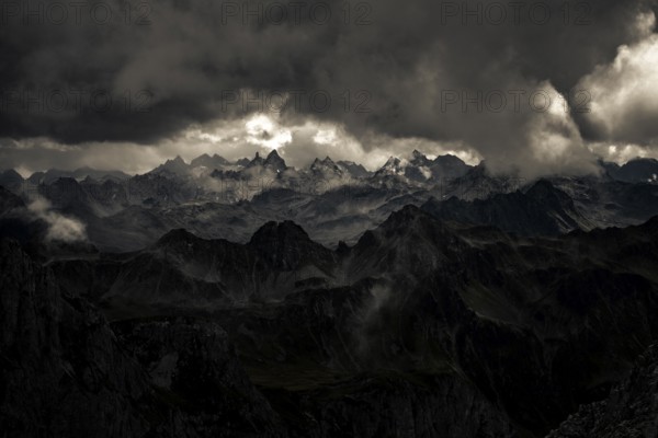 Montafon mountains with dramatic cloudy sky, Tschagguns, Rätikon, Montafon, Vorarlberg, Austria,