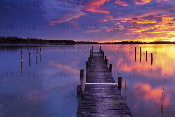 Footbridge on Lake Chiemsee at sunrise, Prien am Chiemsee, Bavaria, Germany, Europe