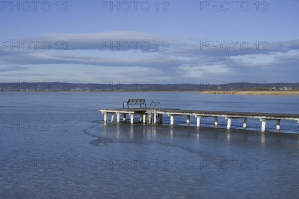 Frozen lake in winter, jetty, Lake Neusiedl, Weiden am See, Burgenland, Austria, Europe