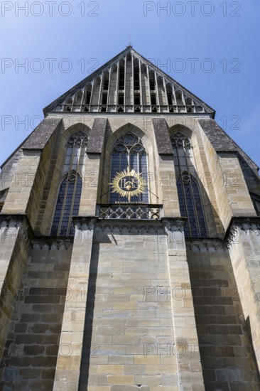 Detailed view, east facade of Salem Minster, tracery, church windows, Gothic architectural style,