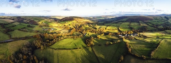 Panorama of Farms over Trecastle from a drone at sunset, Brecon Beacons National Park, Powys,
