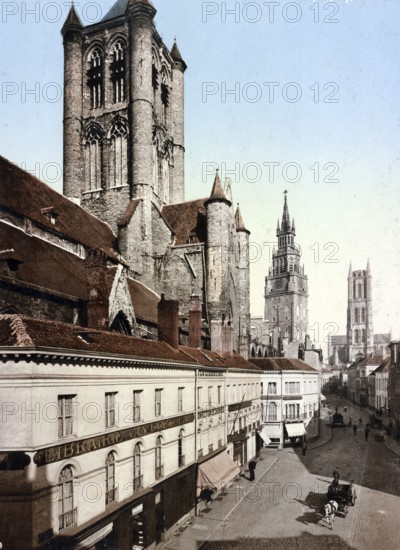 Ghent. The Belfry. The church of St Nicholas and Bavo, Belgium, Historical, digitally restored