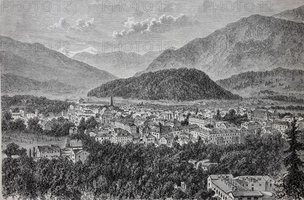 The town of Ischl, Bad Ischl, in Austria, in 1880, Historical, digital reproduction of an original