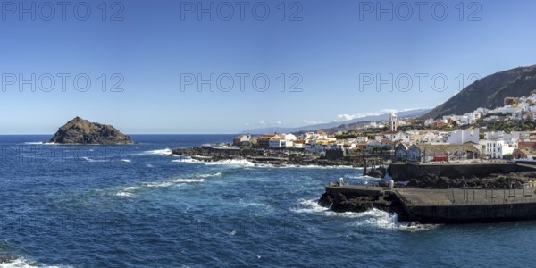 Atlantic coast with Roque de Garachico island off the town of Garachico, Tenerife, Canary Islands,