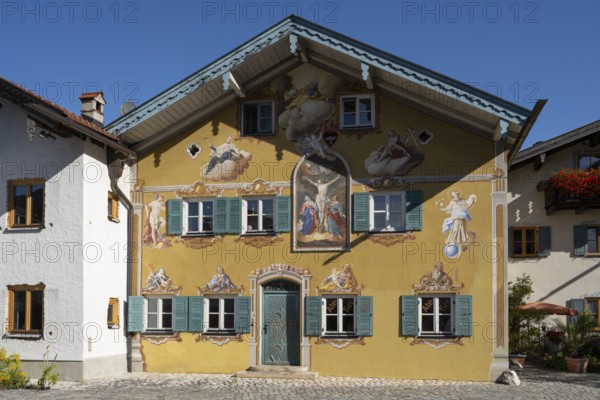 Façade with Lüftlmalerei, Haus Fürst, Mittenwald, Werdenfelser Land, Upper Bavaria, Bavaria,