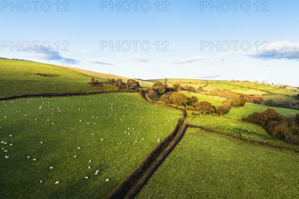 Farms over Trecastle from a drone at sunset, Brecon Beacons National Park, Powys, Wales, England,