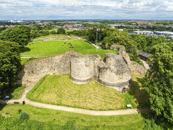 Pontefract Castle from a drone, Pontefract, West Yorkshire, England, United Kingdom, Europe