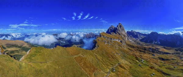 The peaks Sas Rigais and Furchetta of the Geisler group, wide-angle panoramic photo, drone photo,