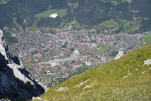 View from the Karwendel to Mittenwald, Werdenfelser Land, Alps, Bavaria, Upper Bavaria, Germany,