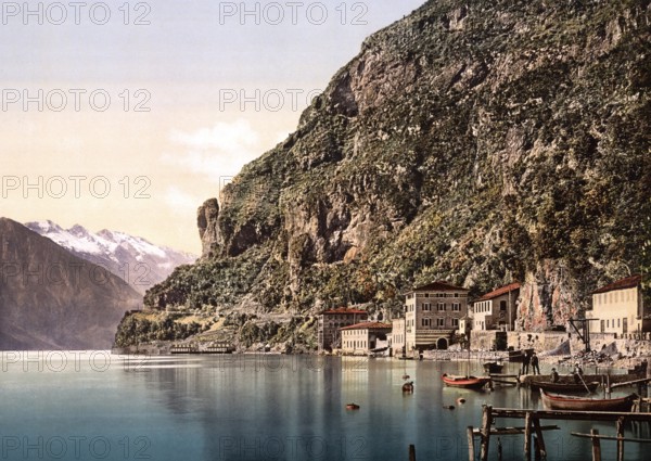 The Ponale Street, Riva, Lake Garda, Italy, Historical, digitally restored reproduction from a 19th