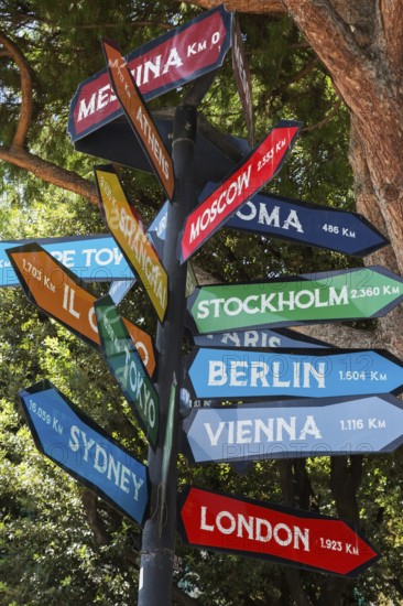 Close-up of signpost with colourful arrow markers indicating distances in kilometres to various